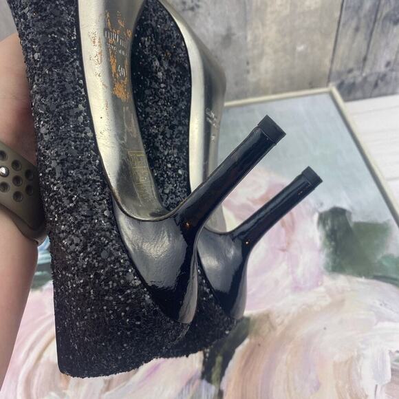 Miu Miu Black Patent Leather Glitter Peep Toe Platform Heels Size 40/9 - Picture 8 of 15